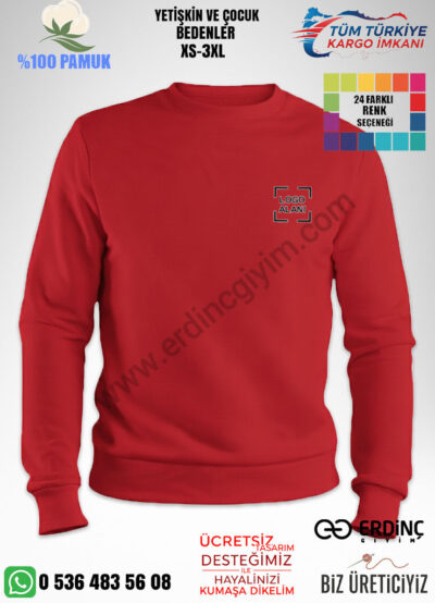 Toptan O Yaka 3 İplik Kumaştan Kırmızı Renk Sweat