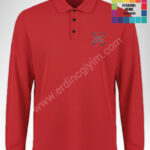 Kırmızı polo yaka uzun kollu hoodie toptan, pamuklu, nakış ve dtf baskı hizmeti.