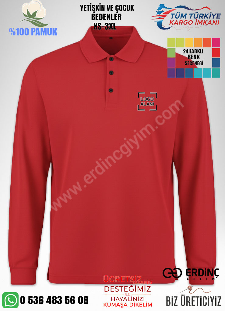 Kırmızı polo yaka uzun kollu hoodie toptan, pamuklu, nakış ve dtf baskı hizmeti.