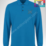 Mavi polo yaka uzun kollu hoodie toptan, pamuklu, nakış ve dtf baskı hizmeti.