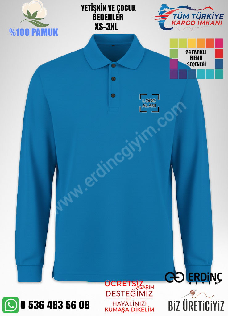 Mavi polo yaka uzun kollu hoodie toptan, pamuklu, nakış ve dtf baskı hizmeti.