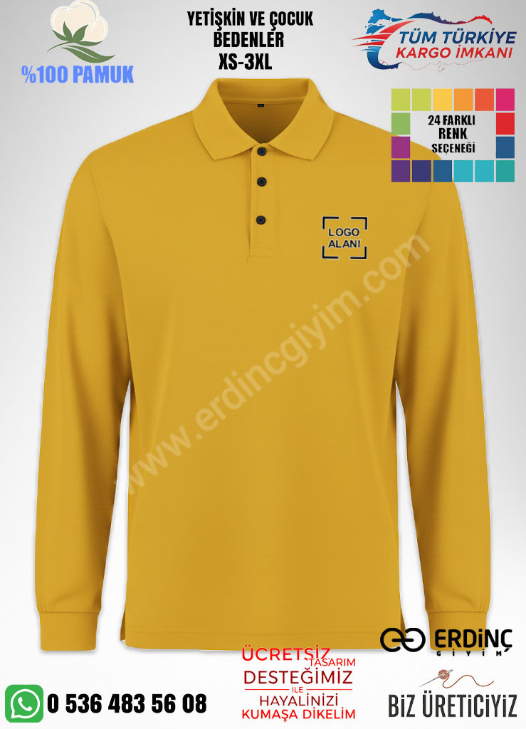 Sari polo yaka uzun kollu hoodie toptan, pamuklu, nakış ve dtf baskı hizmeti.