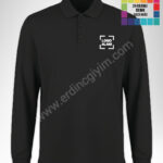 Siyah polo yaka uzun kollu hoodie toptan, pamuklu, nakış ve dtf baskı hizmeti.