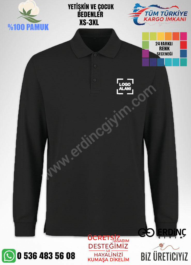 Siyah polo yaka uzun kollu hoodie toptan, pamuklu, nakış ve dtf baskı hizmeti.