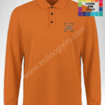 Turuncu polo yaka uzun kollu hoodie toptan, pamuklu, nakış ve dtf baskı hizmeti.