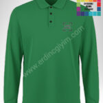 Yeşil polo yaka uzun kollu hoodie toptan, pamuklu, nakış ve dtf baskı hizmeti.