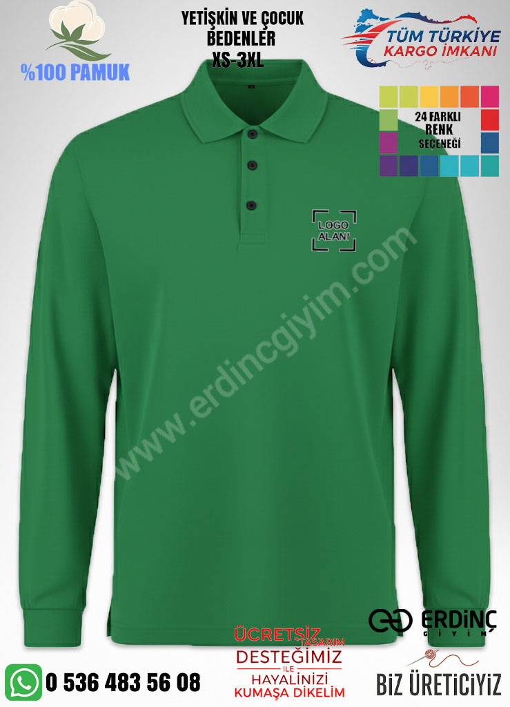 Yeşil polo yaka uzun kollu hoodie toptan, pamuklu, nakış ve dtf baskı hizmeti.